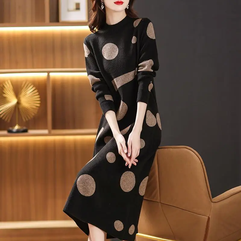 Vintage Polka Dot Printed Dresses Casual Half High Collar Autumn Winter A-Line Women\'s Clothing Long Sleeve Knitted Midi Dress