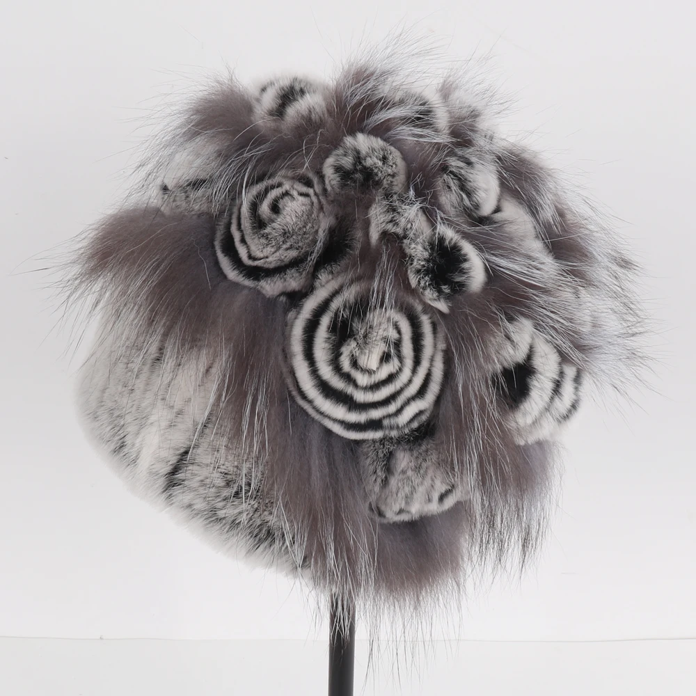 

New Women Knitted Real Rex Rabbit Fur Hat Top Natural Silver Fox Fur Bomber Hat Lady Luxury Warm Quality Real Rex Rabbit Fur Cap