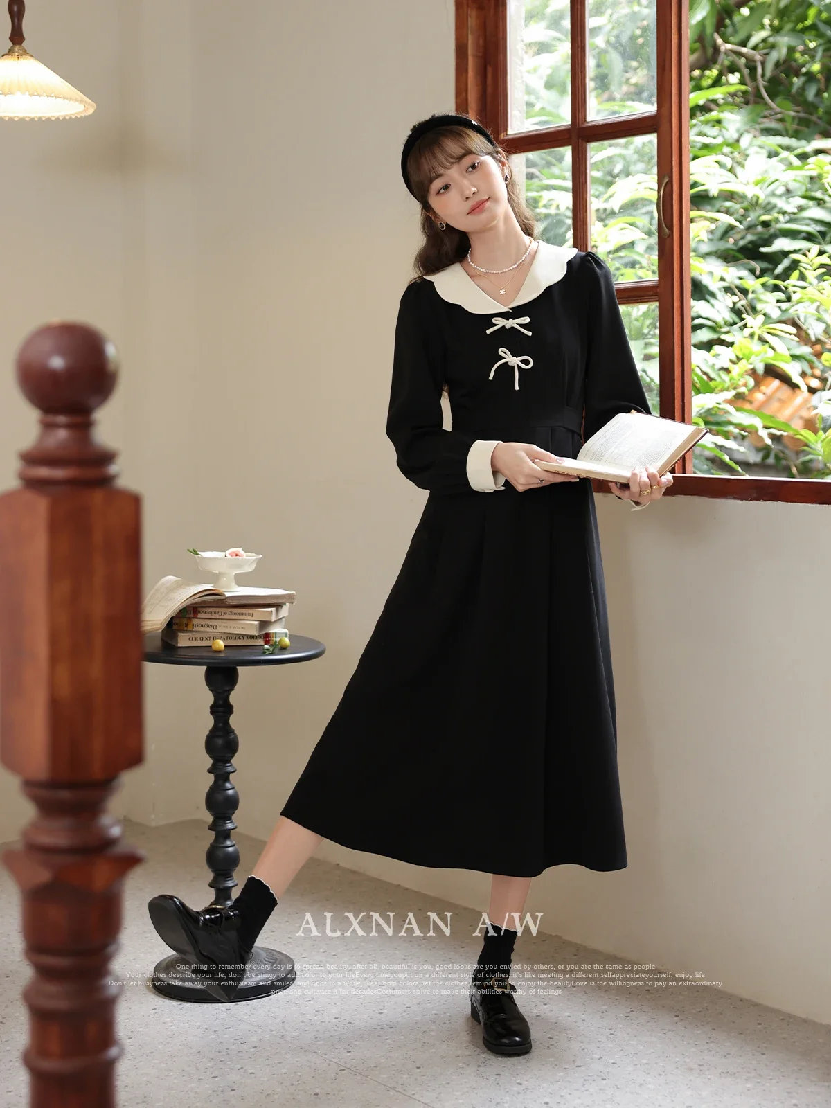 

ALXNAN Elegant Sailor Collar A-line Woman Dress 2024 Autumn Winter Solid Long Sleeve Midi Dresses New Female Clothes LXN315106