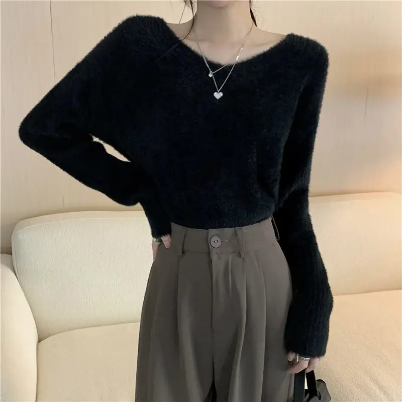 Ladies Sweaters V-neck Pullover Black Knitted Top for Women Grey Y2k Vintage Fashion Korea Cold Winter Jersey Harajuku Aesthetic