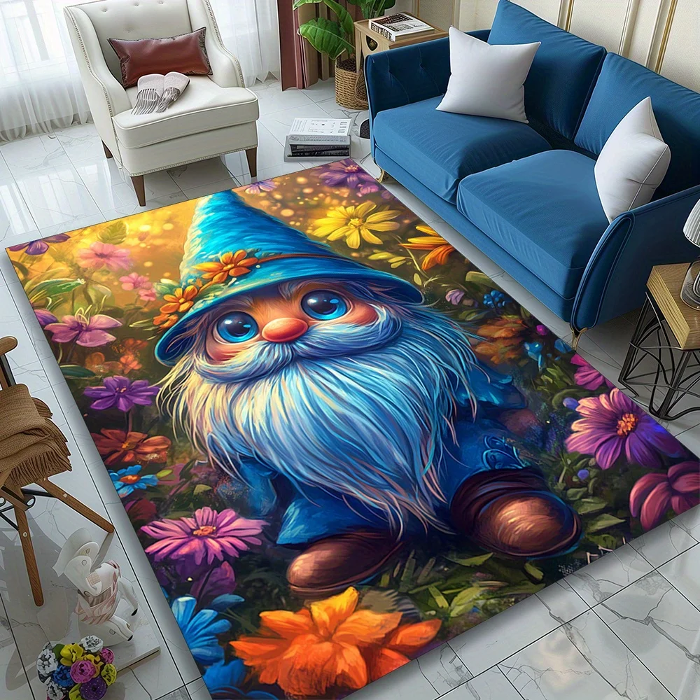 Floral Gnome Printed Area Rug - Large Polyester Carpet Mat, Durable Home Decor for Living Room, Bedroom, Office - Heavy-Duty