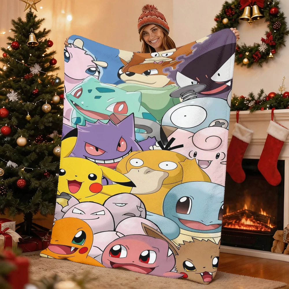 Pokemon Pikachu Gengar Bulbasaur Charmander Squirtle Psyduck Flannel Throw Blanket Soft Warm Blanket for Sofa Bed Home Decor Gif