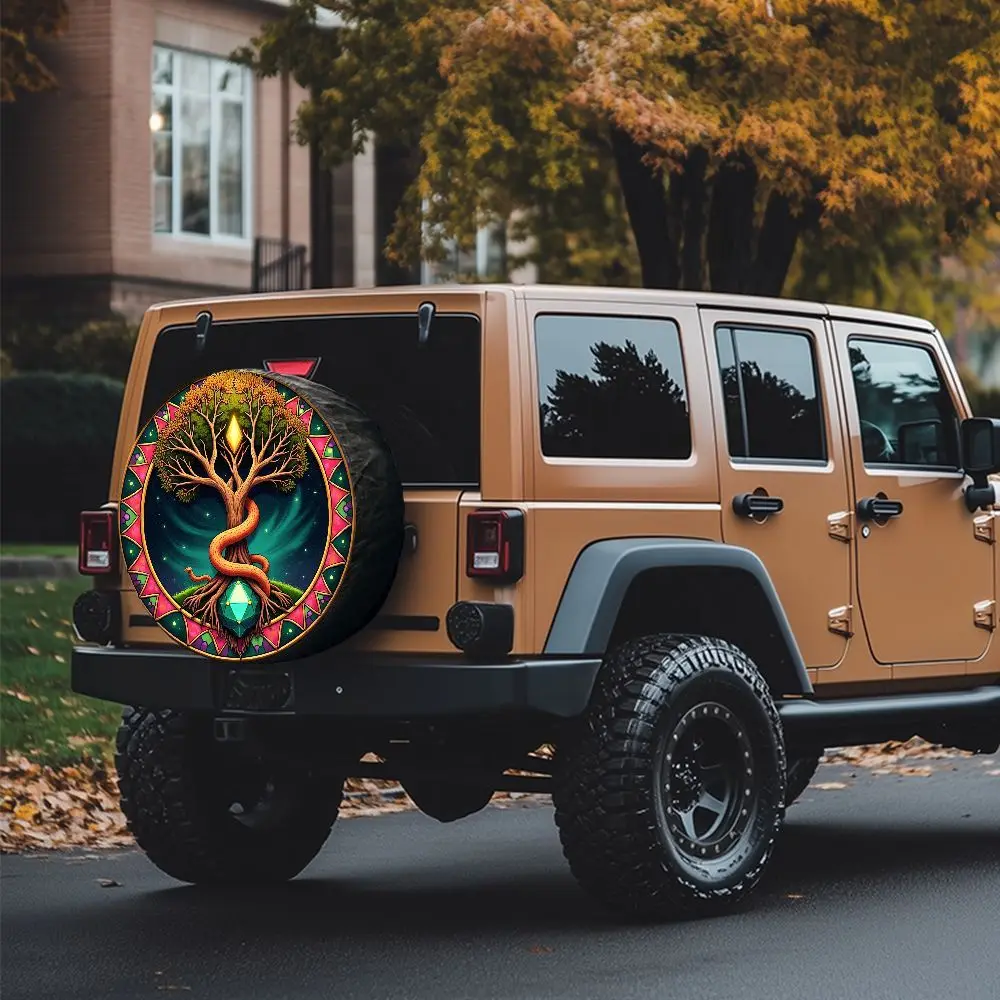 Cosmic Tree Of Life Coiled Snake Totem Spare Tire Cover  Premium Polyester Fiber Car Wheel Hub Cap With Vibrant Mandala Border