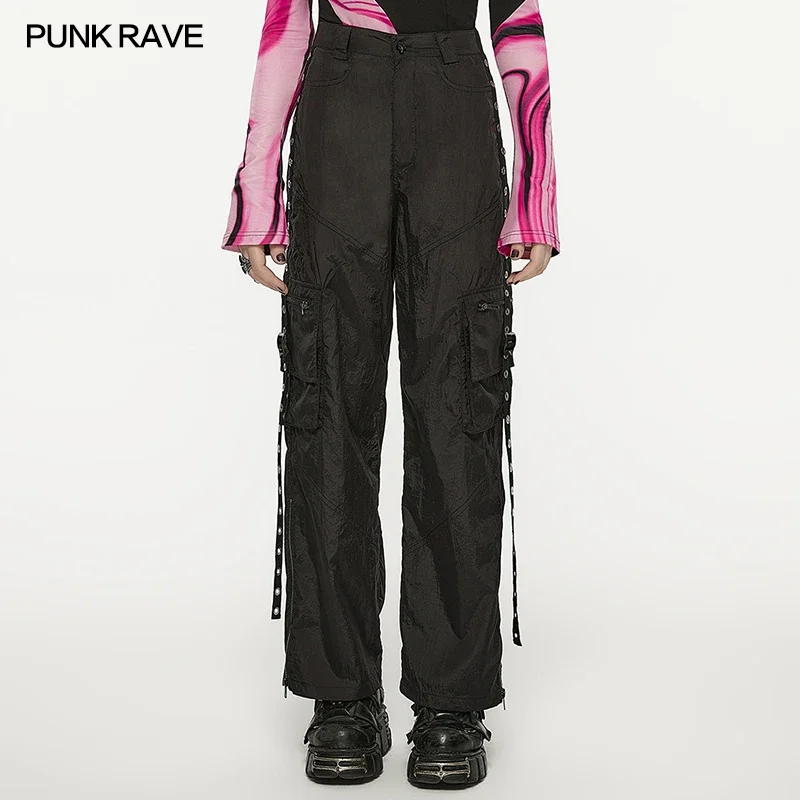 

PUNK RAVE Women's Straight Baggy Twill Cargo Pants Punk Daily Eyelet Webbing Decoration Casual Loose Trousers Spring Autumn