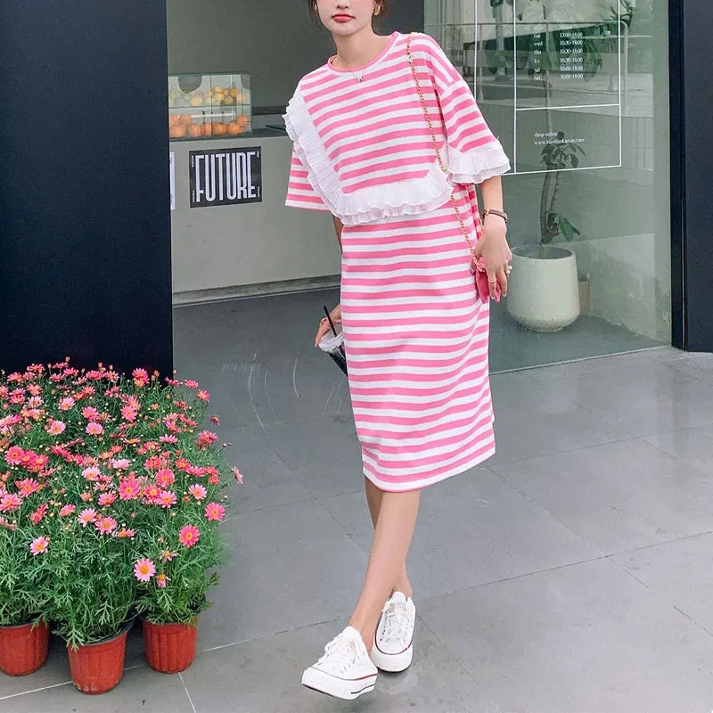 

Fashion Lace Spliced Loose Dresses Summer Korean Striped Women's Clothing Short Sleeve Casual O-Neck Basic Straight Midi Dress