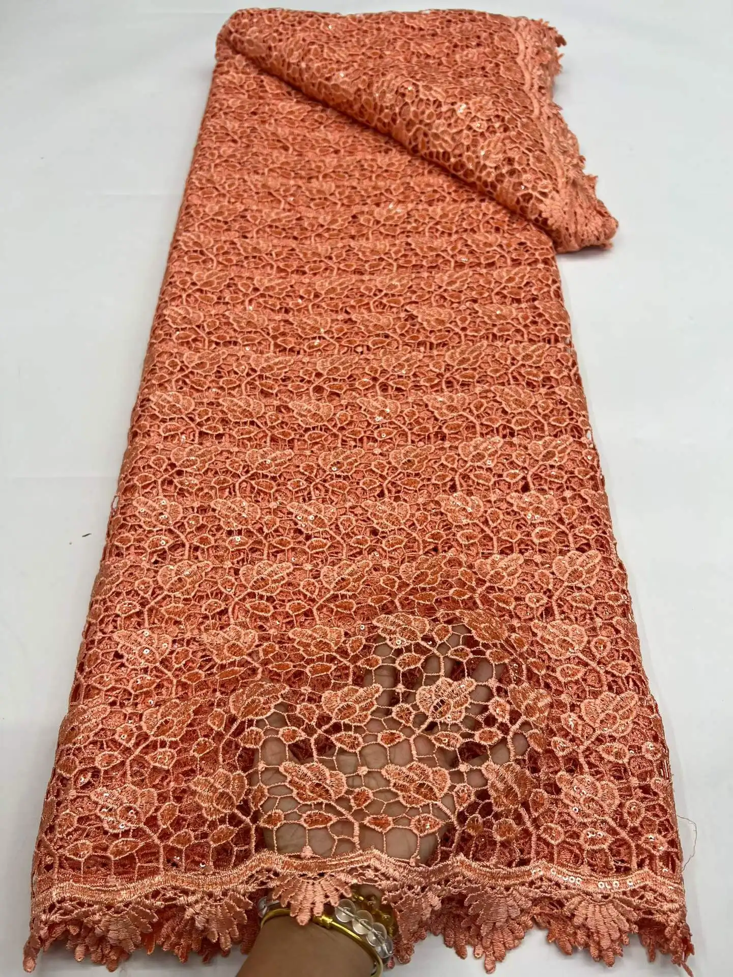 

Milk Nigerian Guipure Cord Lace Fabric 2026 High Quality Sequins Embroidered 5 Yard African Water Soluble Lace Fabric For Party