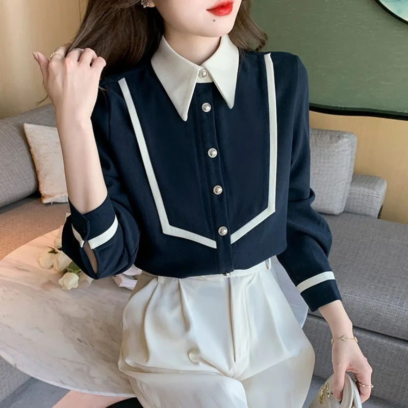 

Autumn Polo Neck Corduroy Vintage Patchwork Buttons Long Sleeve BlouseOffice Lady Elegant Fashion All-match Shirt Top Women