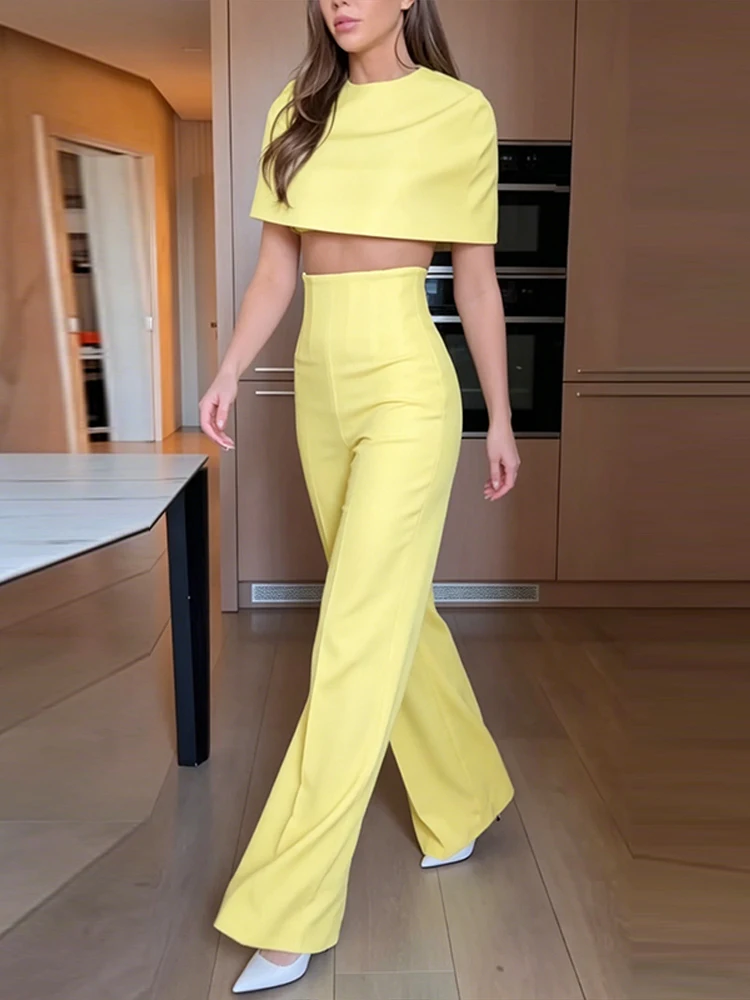 Damen-Hosenanzüge Kurze Cape-Oberteile Revers Langarm Taillierter Blazer Hochgeschnittene Hosen Schicke Büro-Damenanzüge Neu – Detail 15