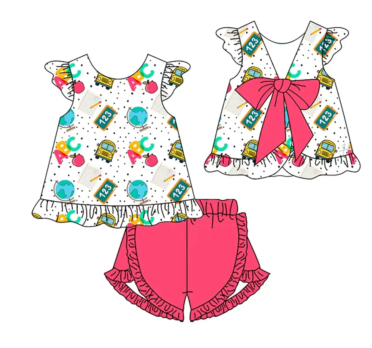 Boutique Boys Girls Summer ABC Back To School Outfits Back Bows Flutter Sleeve Tunic Top Ruffle Shorts Clothes Sets