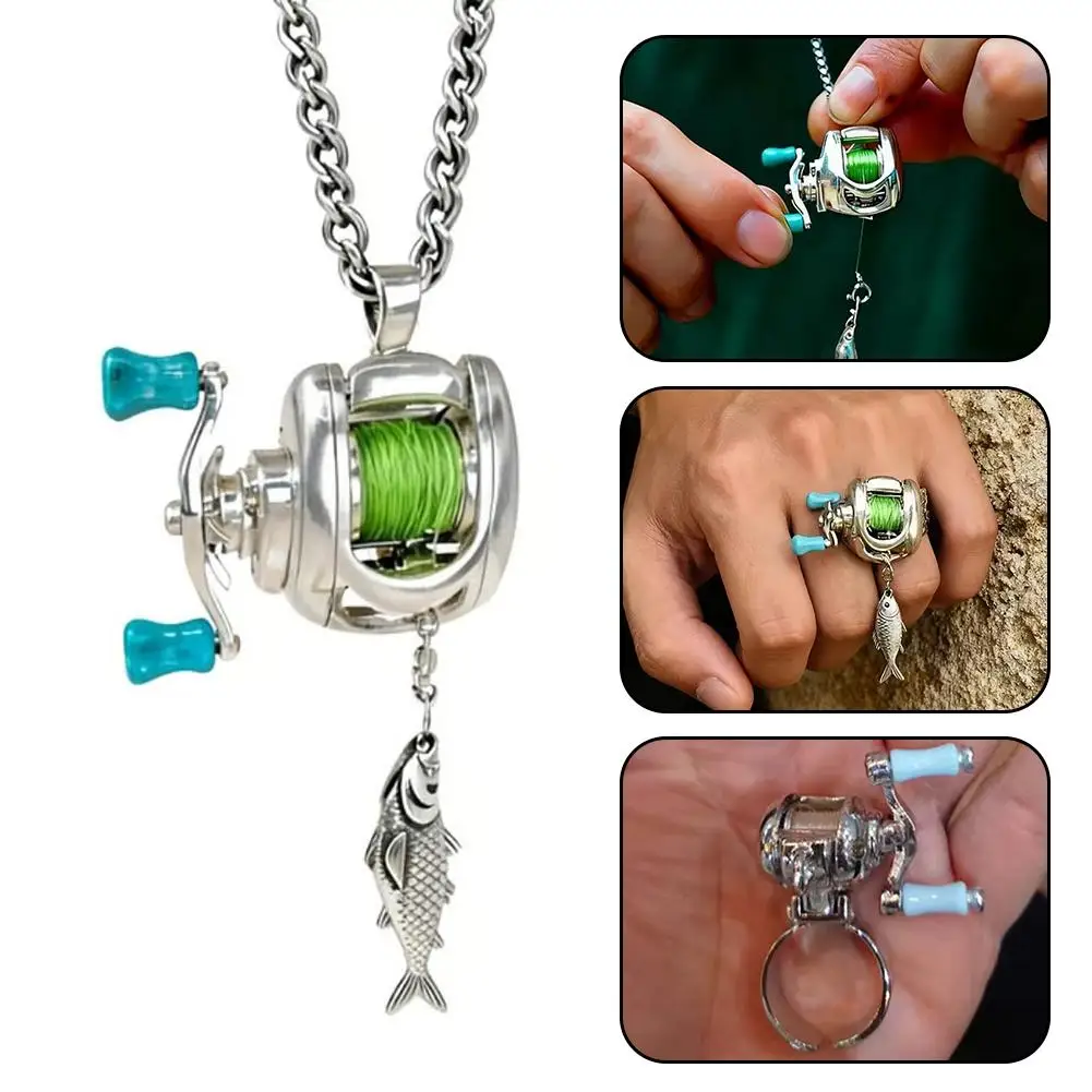 Mini Fishing Reel Necklace Pendant Portable Keychain Rotating Handle Spinning Backpack Charm Gift Casting Reels for Fishermen