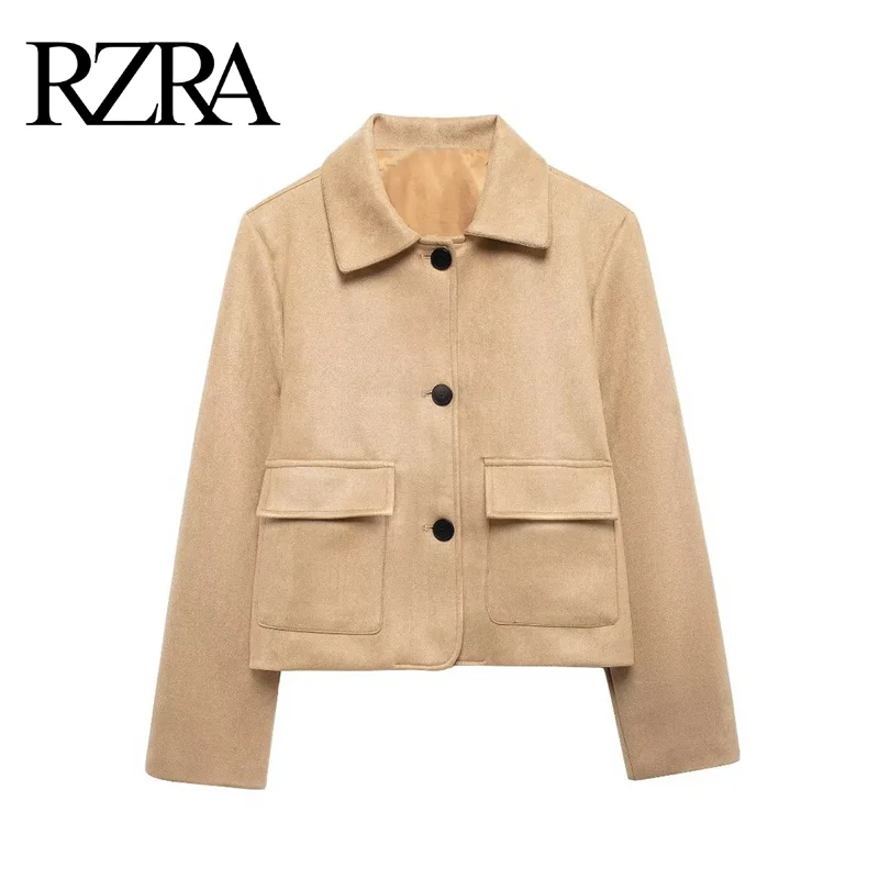 

RZRA original 2024 autumn and winter new women's lapel long sleeve flap pockets suede leather short jacket versatile