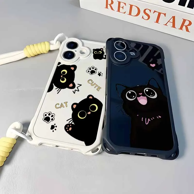 素敵な漫画風黒猫デザインのSamsung S25 S24 S23 S22 S21 S20 FE Note 20 Ultra用ストラップ付き耐衝撃・落下防止カバー、ソフトフォンケース