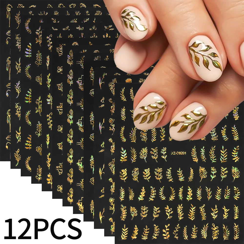 12 Uds. De pegatinas 3D láser para uñas con hojas plateadas y flores, deslizadores adhesivos florales con hojas metálicas, calcomanías de línea rosa para decoración de uñas