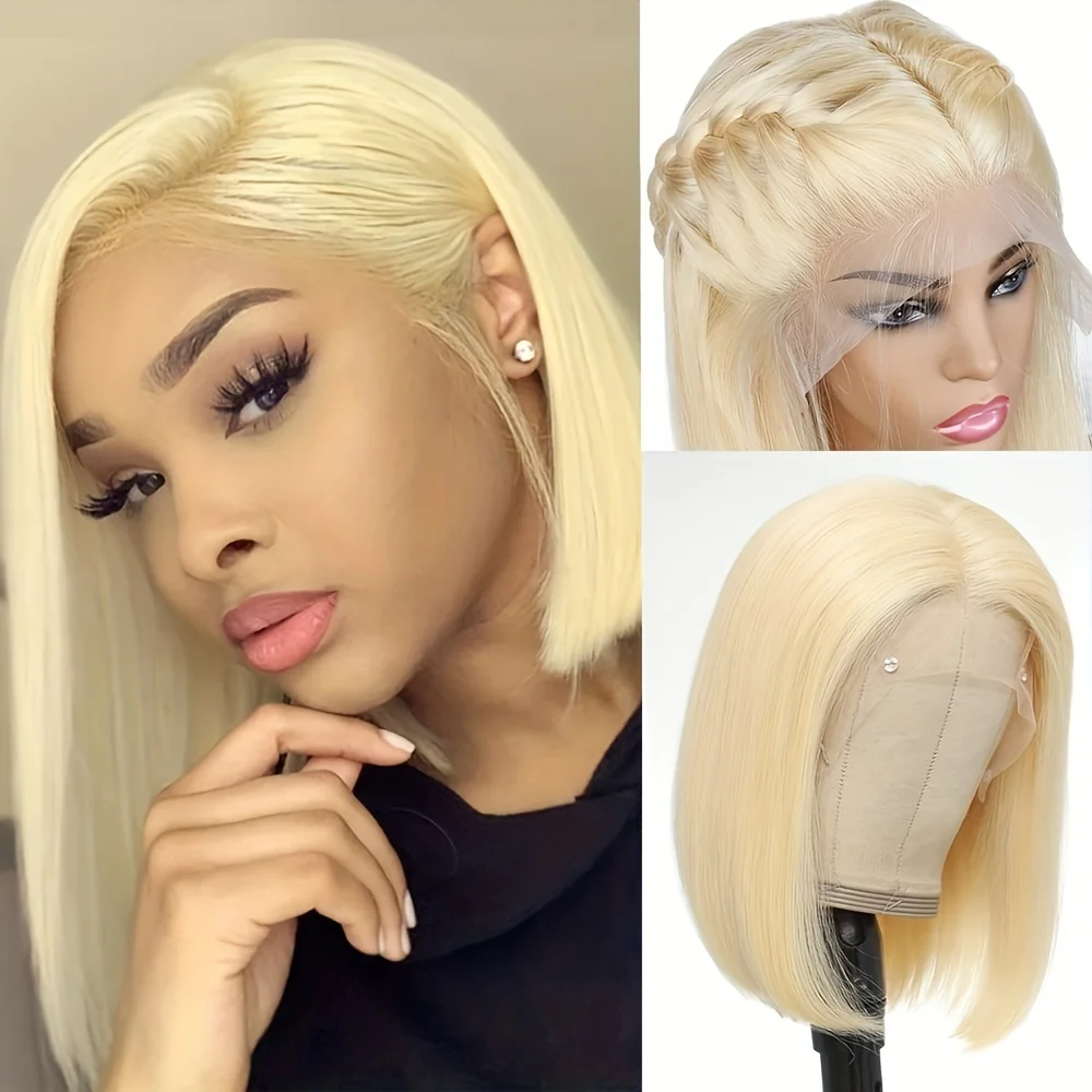 13x4 frontal lace 10inch 613 blonde color daily party use 150% density remy hair wig short straight bob human hair wig for women