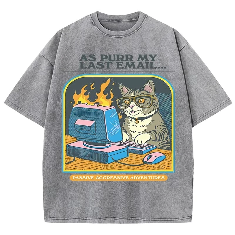 

Summer Playing Cat Computer Games Printed Snow Washed T-shirt for Women, Soft and Breathable Cotton T-shirt