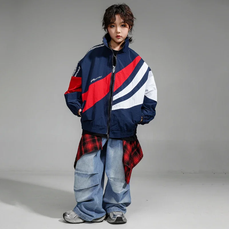 Chaqueta de contraste para niñas, Top corto de baile callejero Punk, pantalones vaqueros, conjunto de ropa de Hip Hop para niños, pantalones vaqueros de Jazz, ropa de calle para niños, disfraz