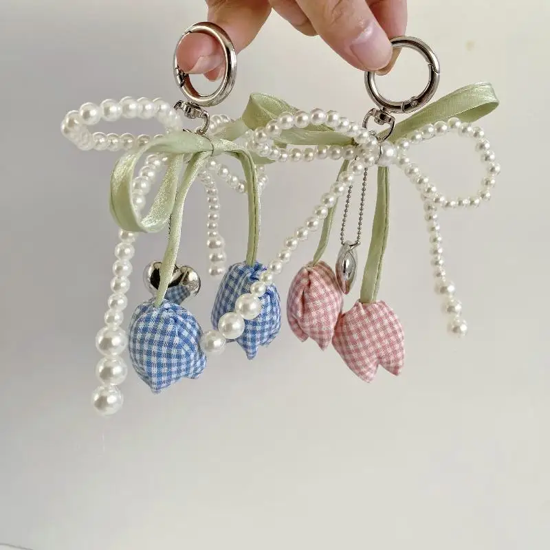 1 قطعة شبكة اللؤلؤ القوس توليب حقيبة سلسلة مفاتيح قلادة سحرية مع الشريط مجوهرات للنساء سلسلة مفاتيح DIY بها بنفسك الديكور