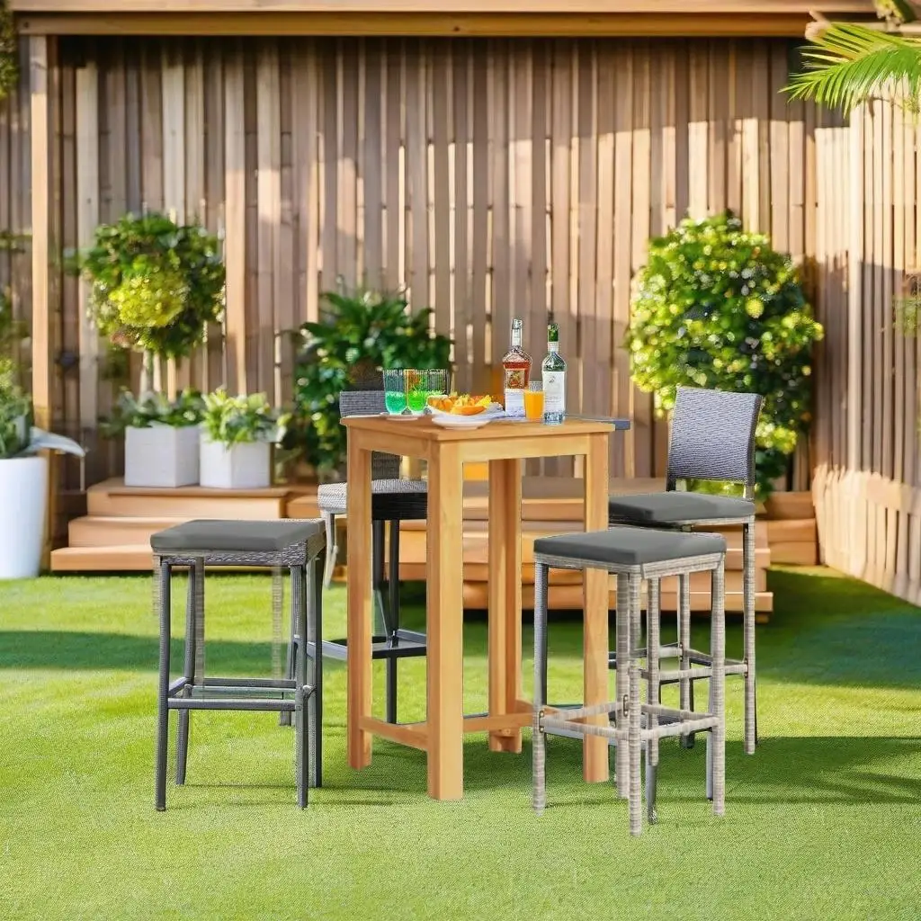 5-Piece Gray Acacia Wood & Poly Rattan Patio Bar Set - Stylish Outdoor Furniture