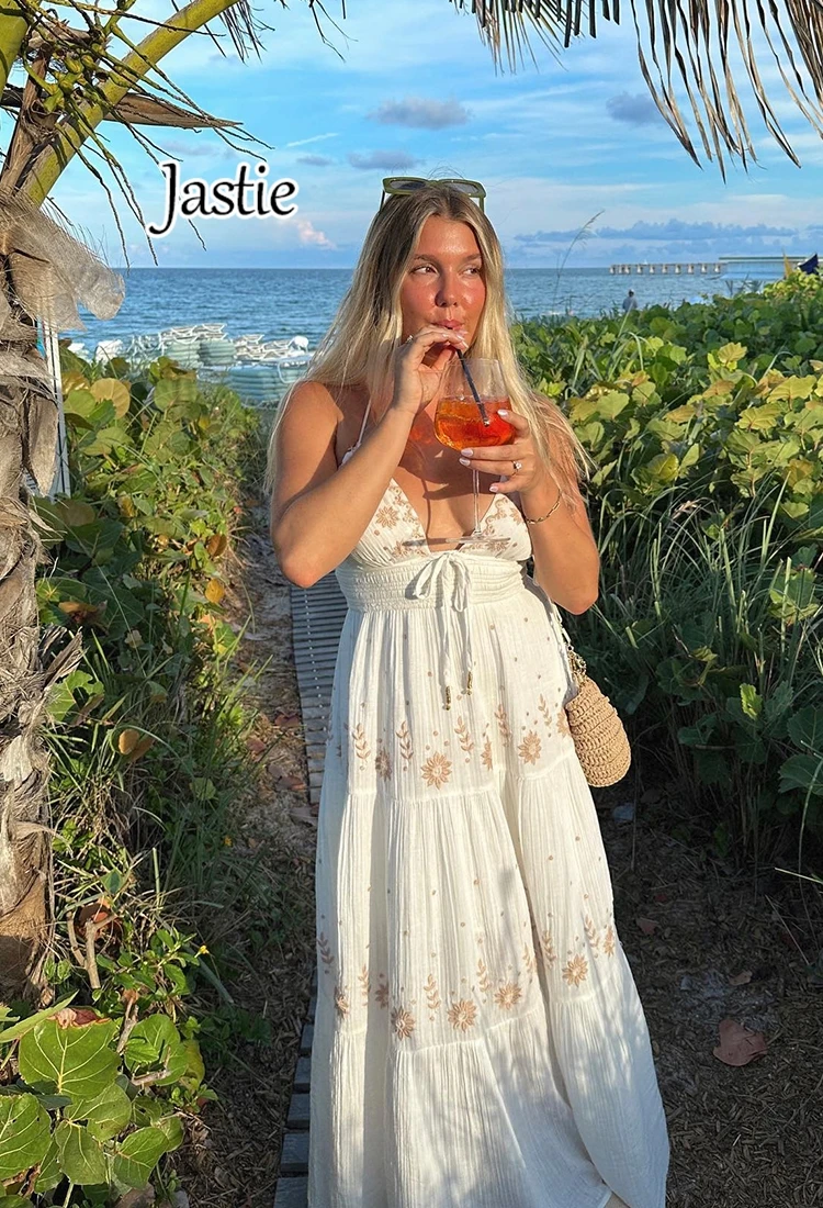 Jastie Gebloemd Geborduurde Maxi Jurk Sexy V-Hals Mouwloze Zomer Jurken Smocking Taille Casual Strand Boho Vakantie Jurk