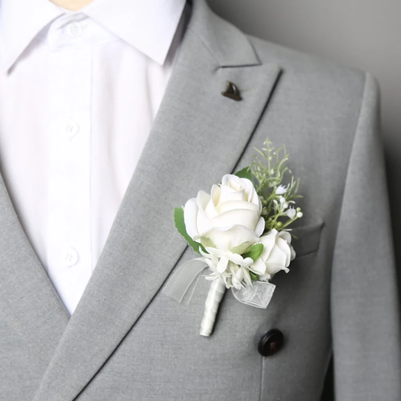 Elegant Groom Corsage Brooch Flowers For Mensuit Artifical White Roses Wrist Corsage Wedding Party Accessories