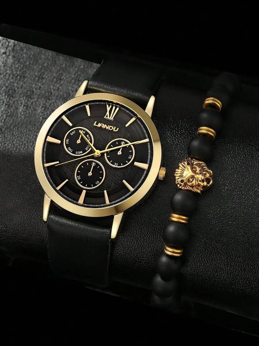 LIANDU LIANDU 1 Set Men's Fashion Casual Quartz Round Dial Watch And Lion Head Beaded Bracelet Jewelry Set, Suitable For Daily view 2