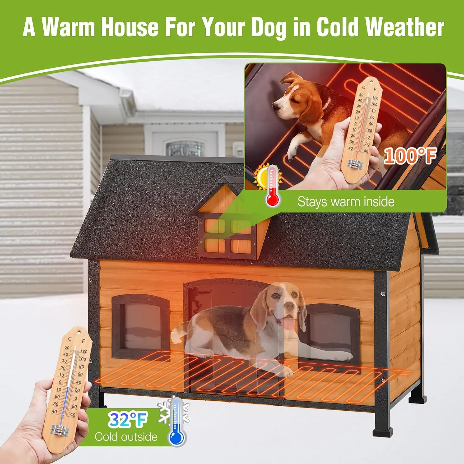 Heated Outdoor Dog House Weatherproof 2-Window Shelter Metal Frame Heating Pad Insulated Liner All-Season S M L Dogs, Customized