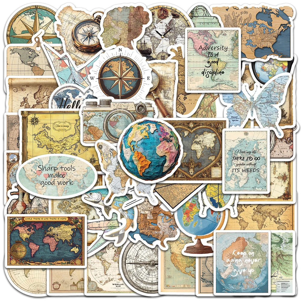 50pcs Retro Aesthetic Maps Stickers Waterproof Graffiti For Luggage Guitar Phone Laptop Skateboard Bicycle Vinyl Decals