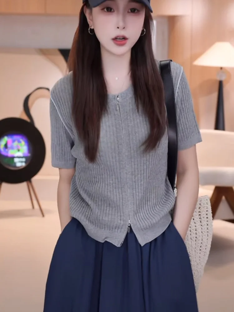 Schicke runde Ne Ice Silk gestrickte ort Sve Cardigan Dual-Reißverschluss-Design koreanische Sle faionable Sommer einfache Strickwaren