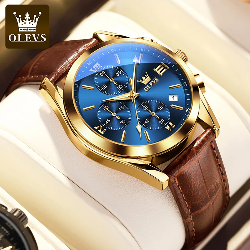 OLEVS Quartz Mens Watches Fashion Three Eyes Multifunction Dial Luminous Watch Luxury Gold Plated Case Men Clock 30M Waterproof