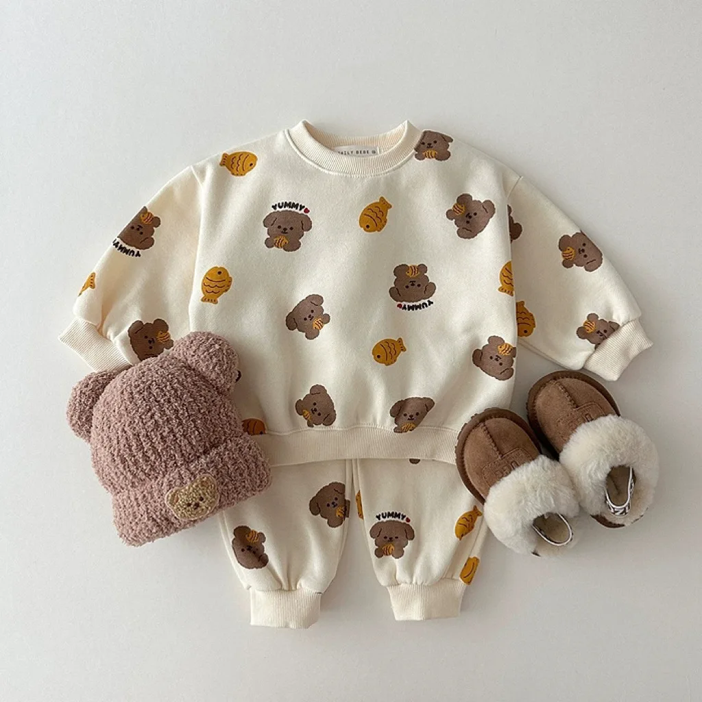 2024 Spring New Baby Long Sleeve Clothes Set Infant Boy Girl Cartoon Bear Sweatshirt + Pants 2pcs Suit Toddler Casual Outfits