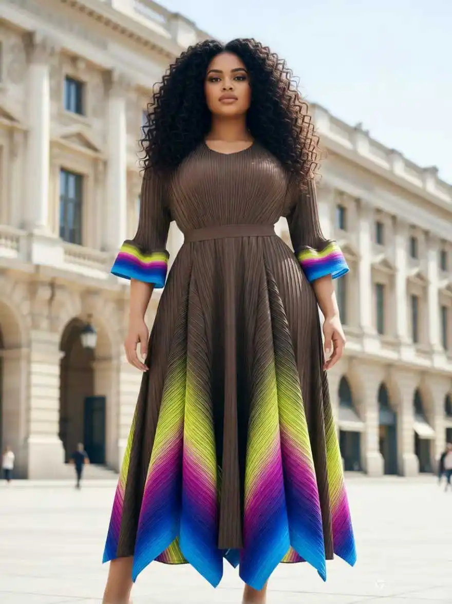 EGRM Niche Chic High Elasticity Pleated Gradient Women's Dress Loose O Neck 2026 New Irregular Elastic Female Clothing 7GR3529 - view 4
