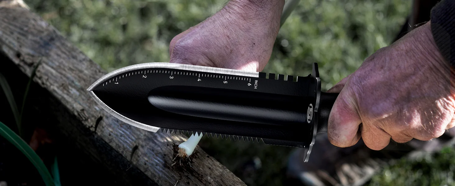 【SUNPOW】Durable Garden Trowel with Carry Bag - Small Trowel with Double Serrated Edge, Digging Blade for Gardening & Camping, with Measurement Scale