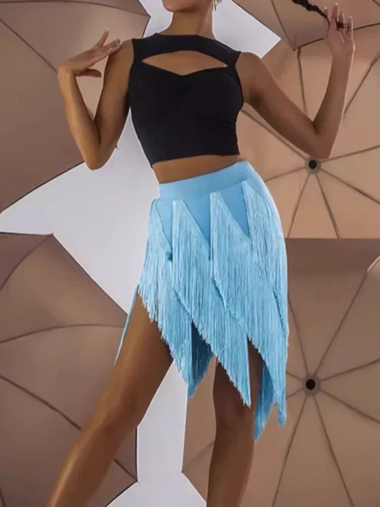 

Tassel Latin Dance Practice Modern Skirts Women Waltz Costume Solid Color Competition Line Belly Classical Irregular Jazz Skirt