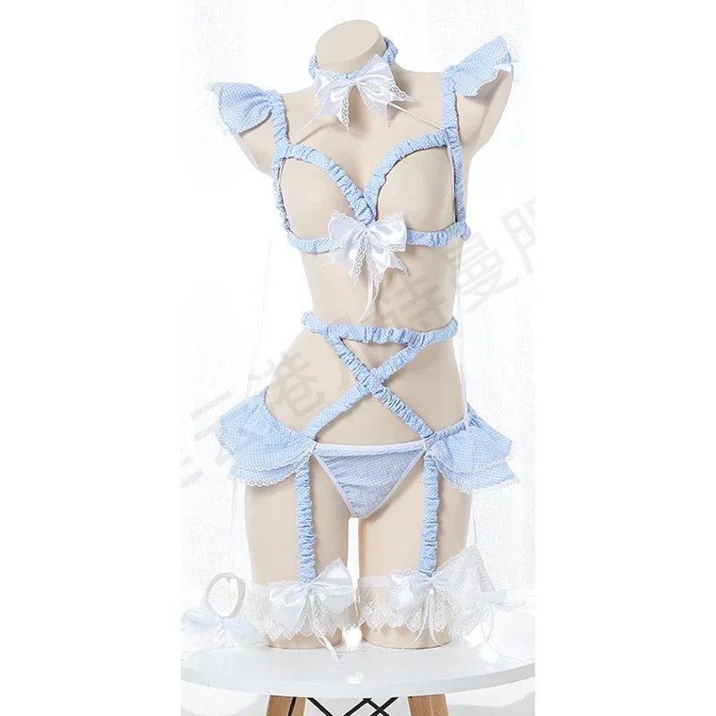 

2025 anime Lolita girl pink plaid straps bandage pajamas lingerie uniform costume women sexy bodysuit swimsuit cosplay