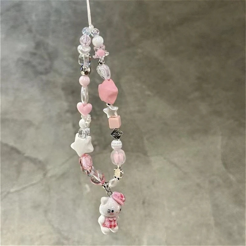 

Цепочка для мобильного телефона с рисунком «Hello Kitty Kuromi», акриловая подвеска в виде сердца с бисером, подвесной ремешок для телефона, аксессуары для милых девочек