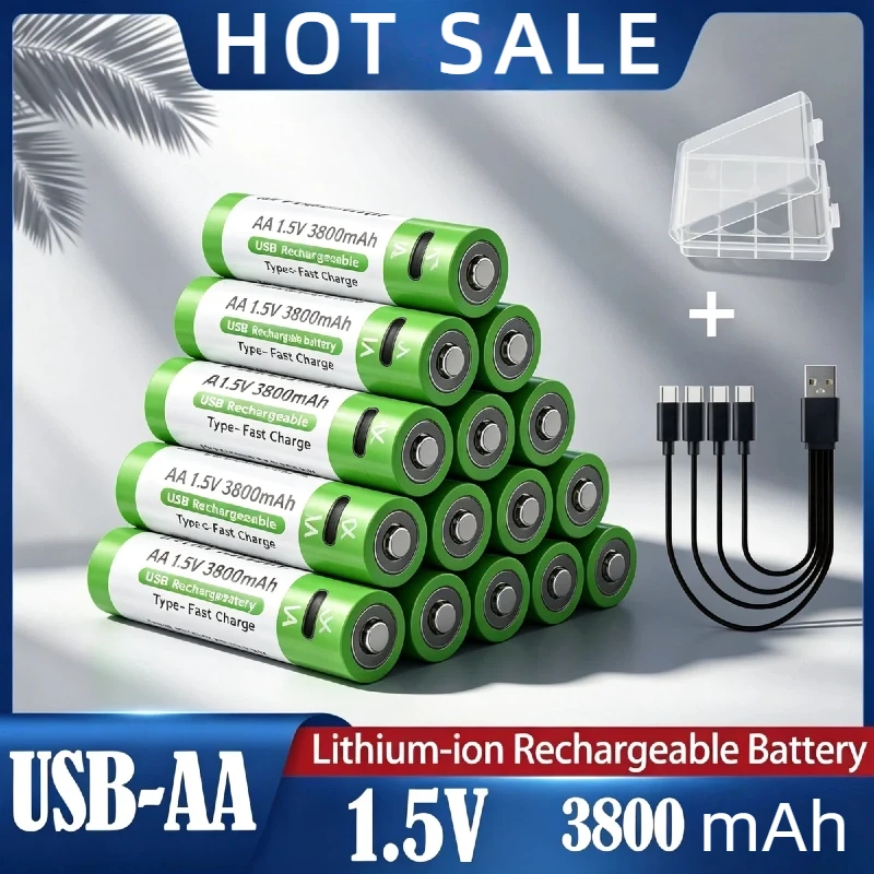 1.5V AA USB Rechargeable Li-ion Battery 3800mAh with Charging Cable & Storage Box Long Lasting