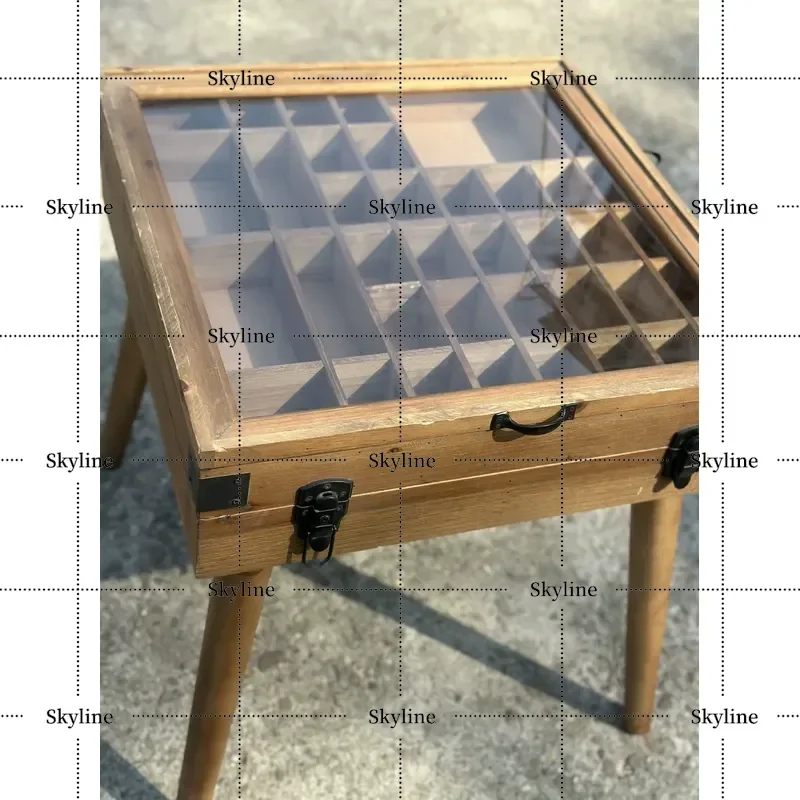 Retro Solid Wood Tea Table, Multi-Grid Storage Side Cabinet with Exquisite Craftsmanship, Treasure Chest Style