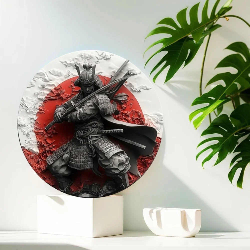 Japanese Samurai Aluminum Wall Art, Retro Style Circular Metal Logo Decoration, Suitable for Manholes, Cafes, Homes Weatherproof