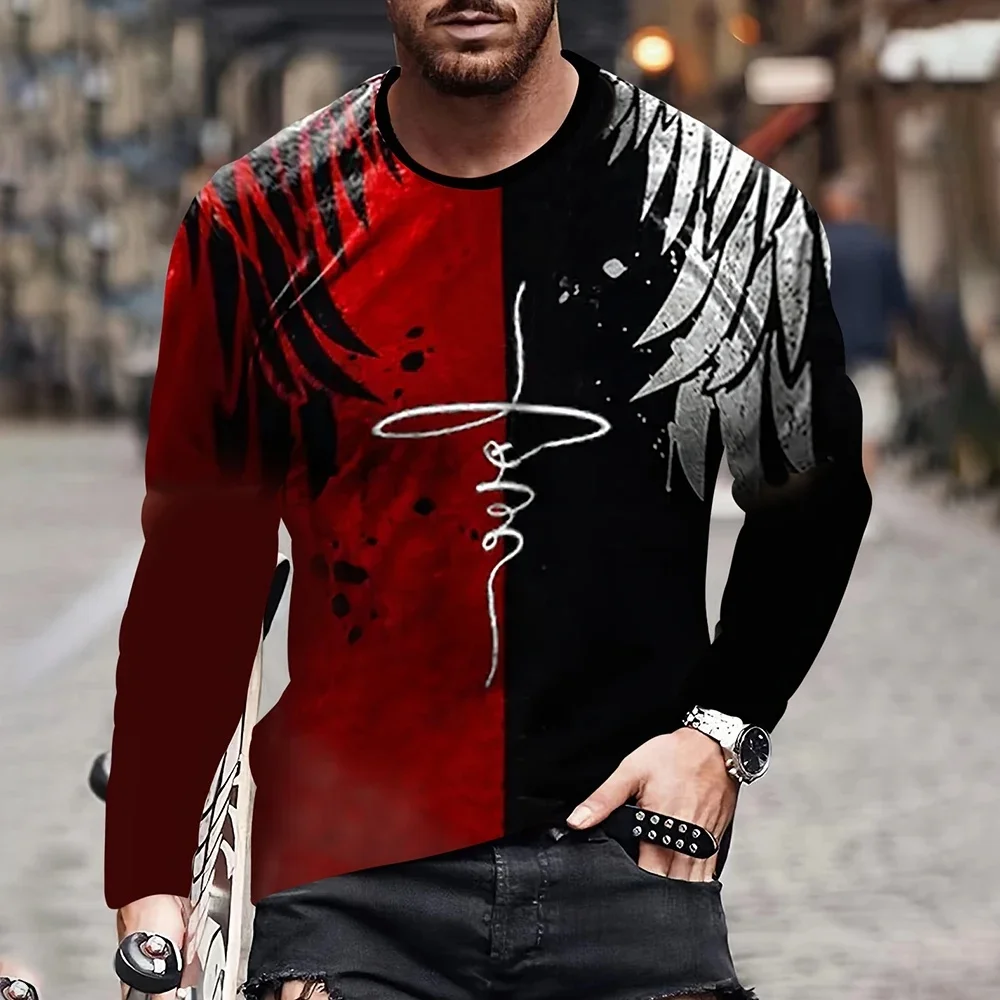 2026 New Autumn and Winter Men's T-Shirt Retro Patchwork Printed Streetwear O-Neck Pattern Top Casual Sports Long Sleeved Shirt