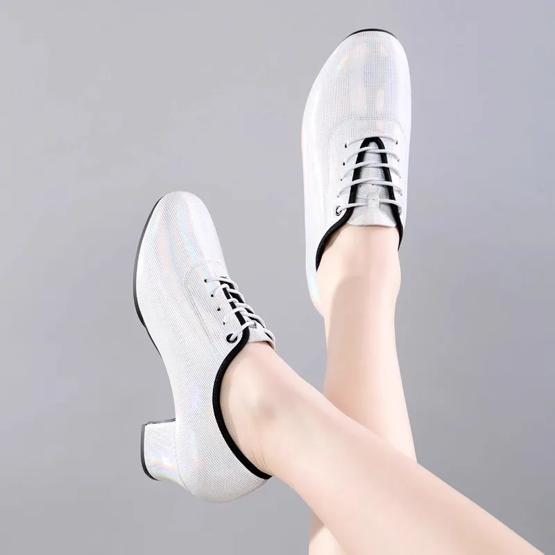 Latin Dance Shoes Women Professional Leather Square Dance Ballroom Folk Social Modern Sneakers Ventilation Gradient Color