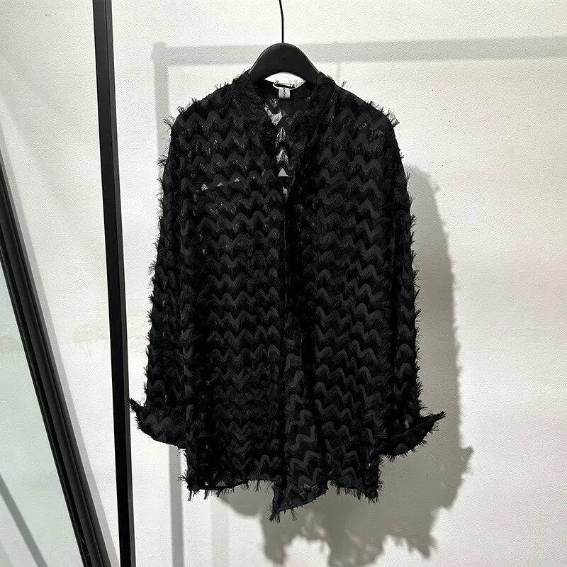 Dark Fashion Feather Hollow-out Loose Long-Sleeved Shirt Casual Trend Frayed Temperament High-Grade Top