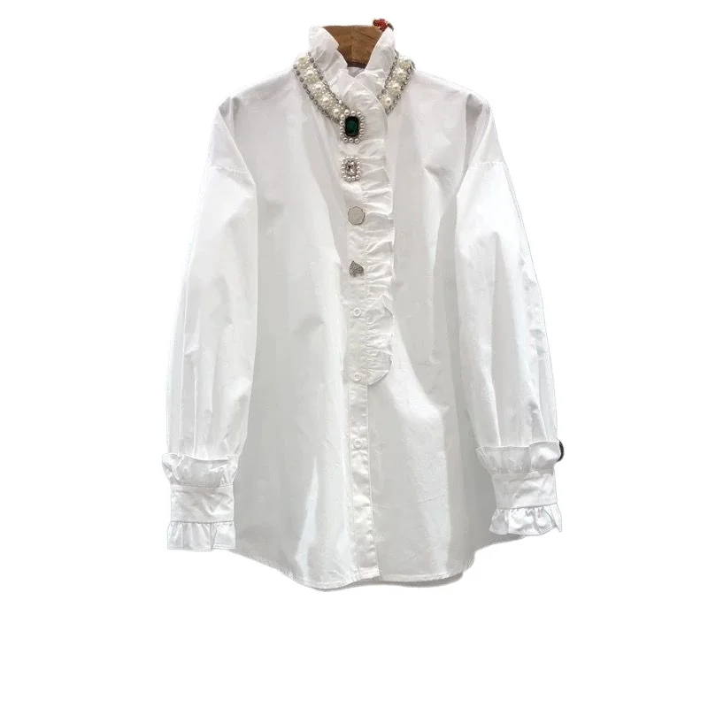 

Court Style Heavy Industry Large Size Beads New Design Foreign Style French Shirt Loose Top Temperament Commuting Blouses 2026