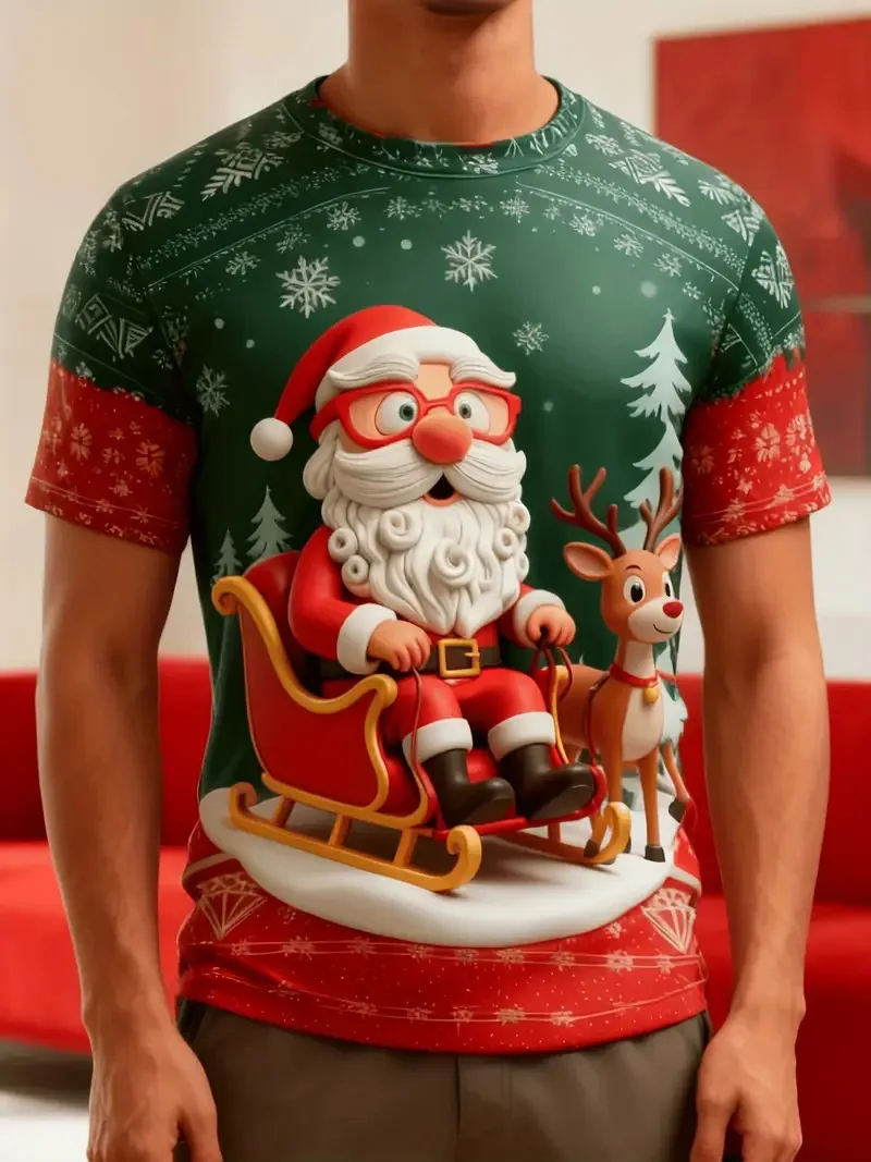 Christmas Funny Santa Claus 3D Printed Men's T-shirt Fashion Short Sleeve Breathable T-shirt  X'mas Day Party Loose Men Clothing