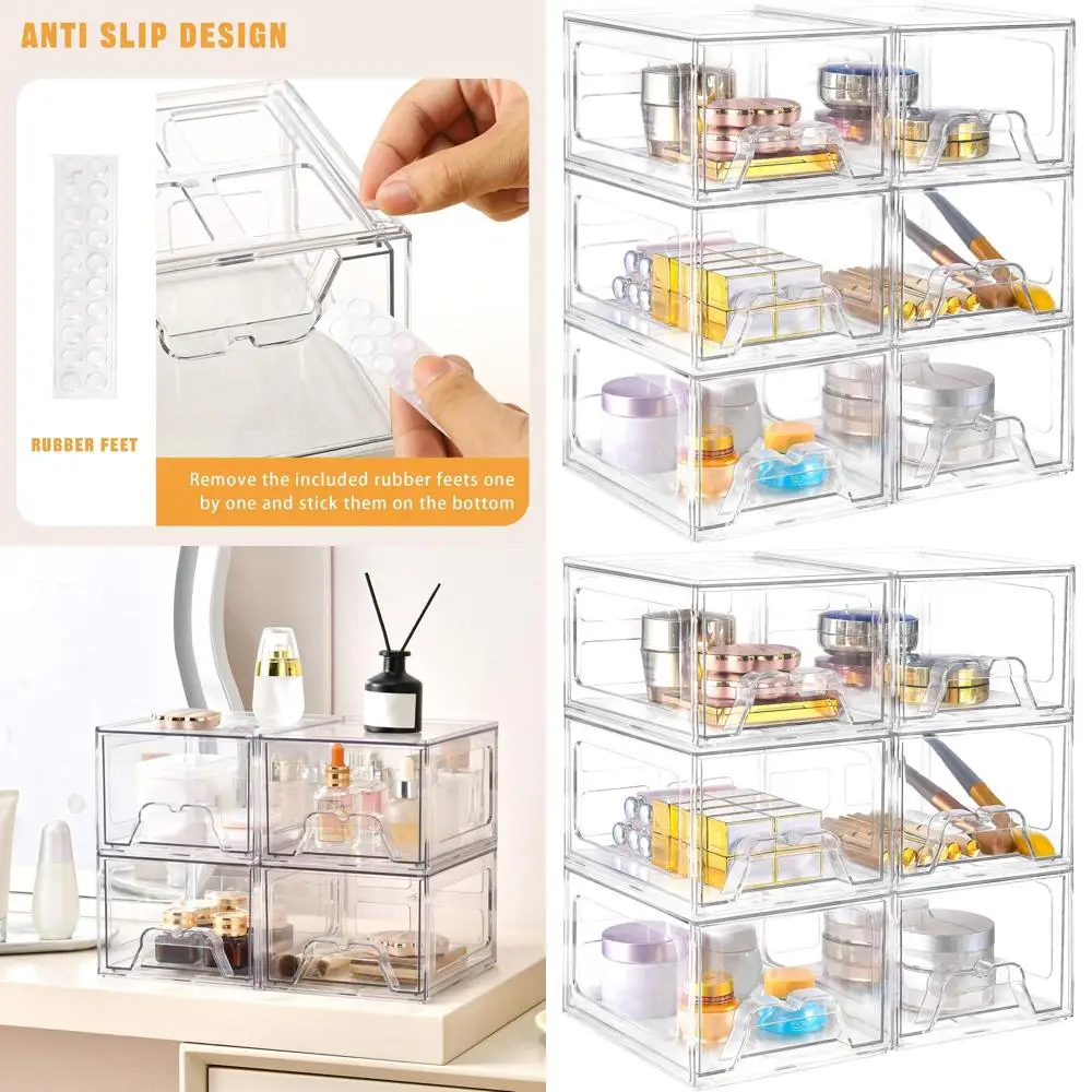 

Stackable 6-Compartment Makeup Organizer, 4.4 Acrylic Storage Drawer with Pull-Out Handle, Clear Plastic Vanity, Pantry, Desk, a