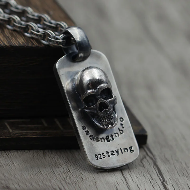 

European and American Sterling Silver Skull Pendant Hanging Tag Punk Rock Style Vintage Necklace Thai Silver Dominant Army Tag P