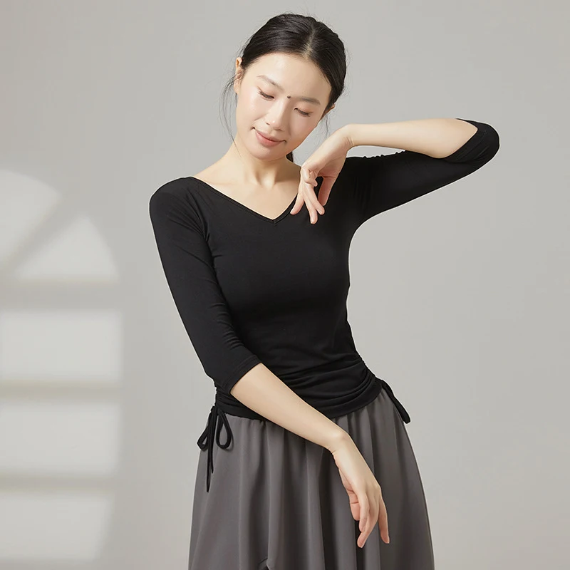 Women's V-Neck Dance Top Ruched Drawstring 3/4 Sleeve Slim Fit T-Shirt Balletcore Latin Modern Dancewear Yoga Pilates Activewear
