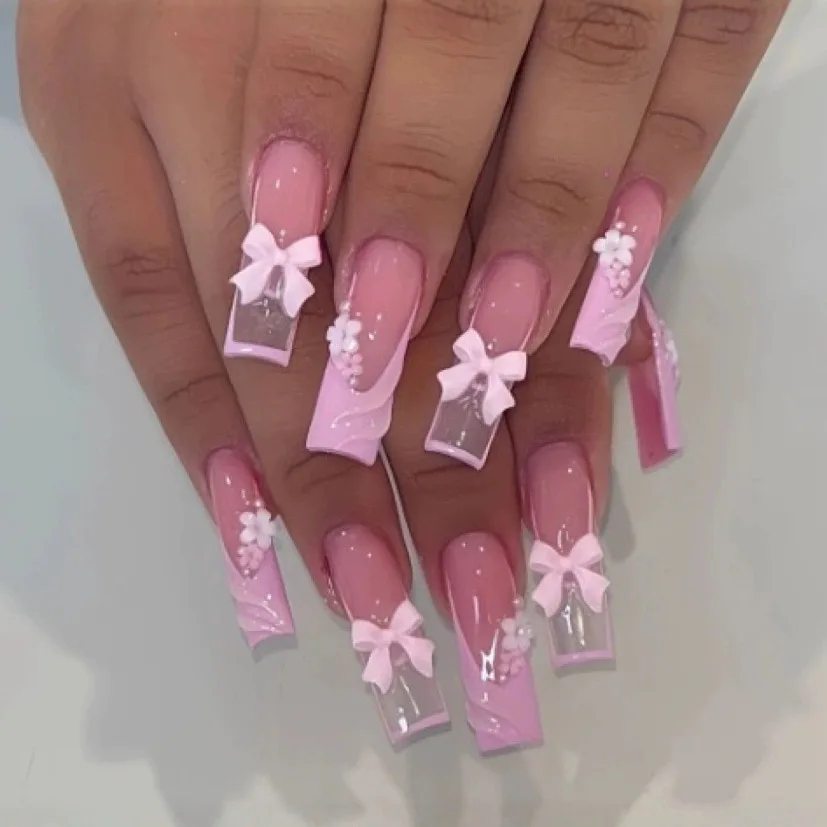 

24Pcs Mid-length Pink French Press on False Nails Tips Square Head Manicure Art with 3D Flower Bow Wearable Full Cover Fake Nail