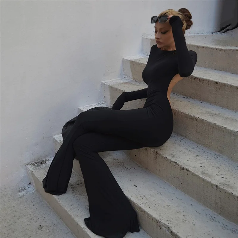 2022 Spring and Summer New Fashion Trend Women's Long Sleeve Backless Slim Temperament Elegant Wide Leg Casual Ladies Jumpsuit