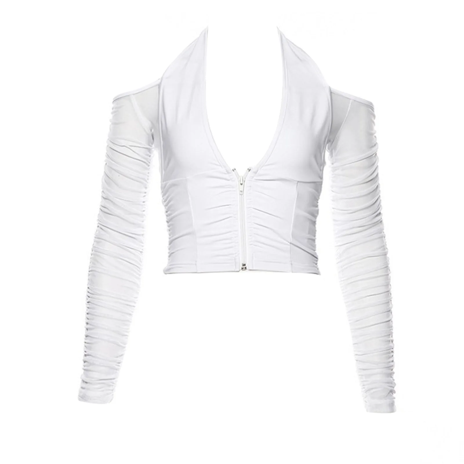 Women Halter Crop Top Sexy Off Shoulder Crew Neck Low Cut Zip Up Bodycon Shirt Ruched Y2K Fit Sheer Long Sleeve T-Shirt