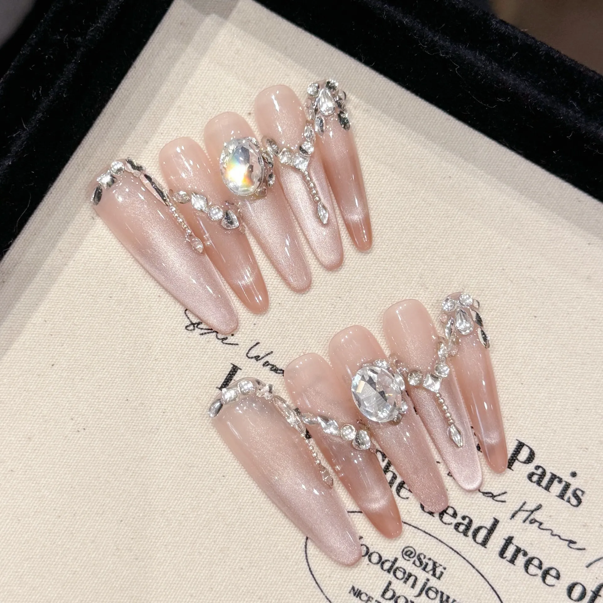 10pcs Handmade Fake Nails Fine dog pointed type Powder penetration Press On Nails False Nails French Flash diamond design